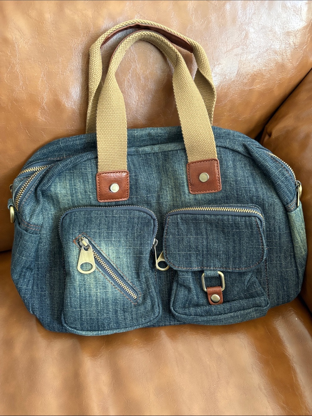 Denim Tote Bag with Tan Handles - Casual Everyday Carry